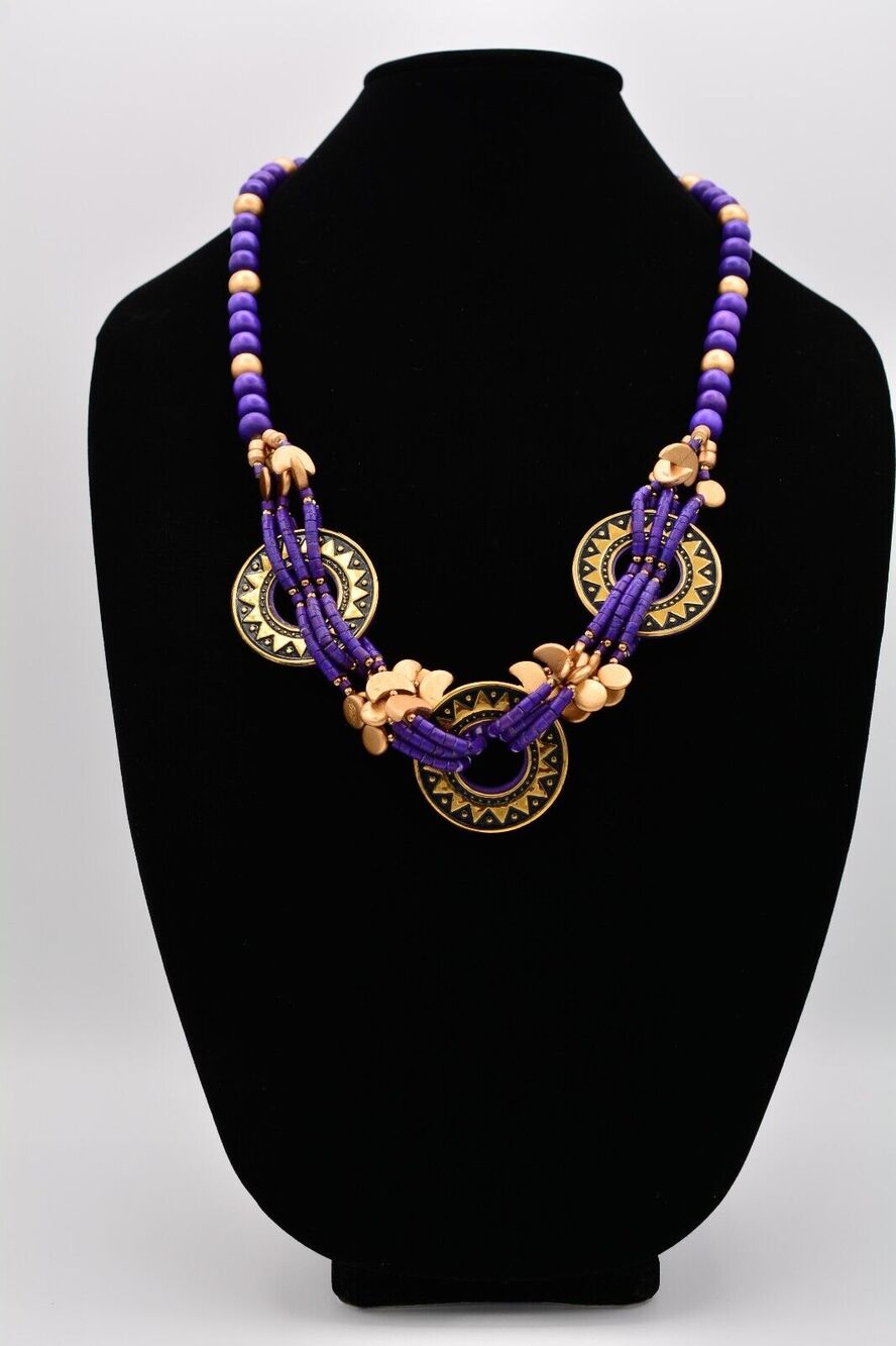 Vintage Wooden Beaded Necklace Collar Brushed Gold Purple Painted Chunky BinK